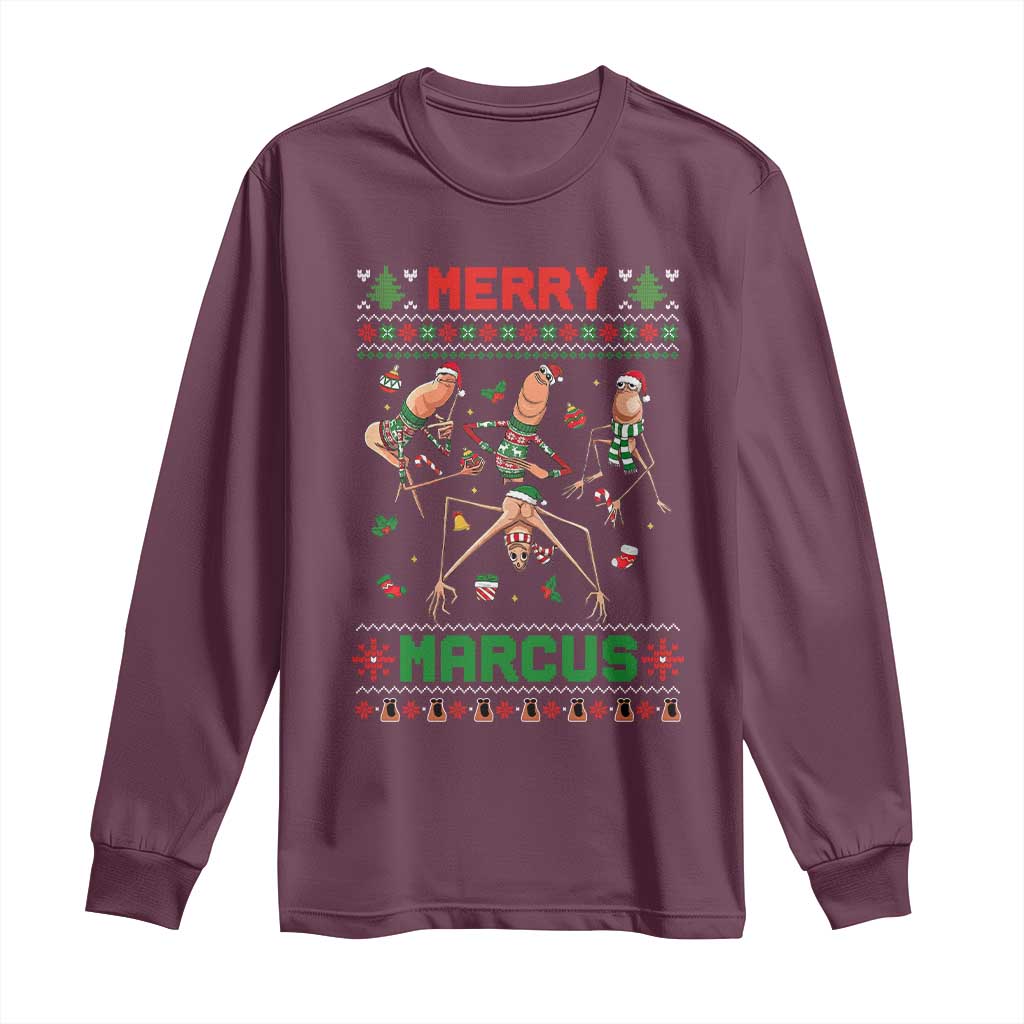 Funny Merry Marcus Long Sleeve Shirt Ugly Christmas Marcus The Worm Meme Gift - Wonder Print Shop