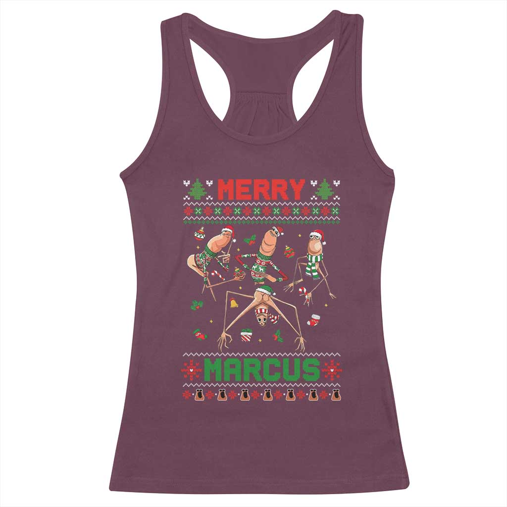 Funny Merry Marcus Racerback Tank Top Ugly Christmas Marcus The Worm Meme Gift - Wonder Print Shop