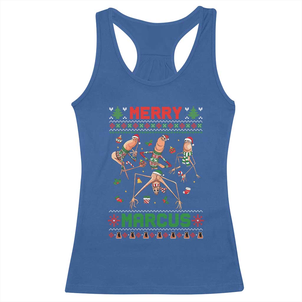 Funny Merry Marcus Racerback Tank Top Ugly Christmas Marcus The Worm Meme Gift - Wonder Print Shop