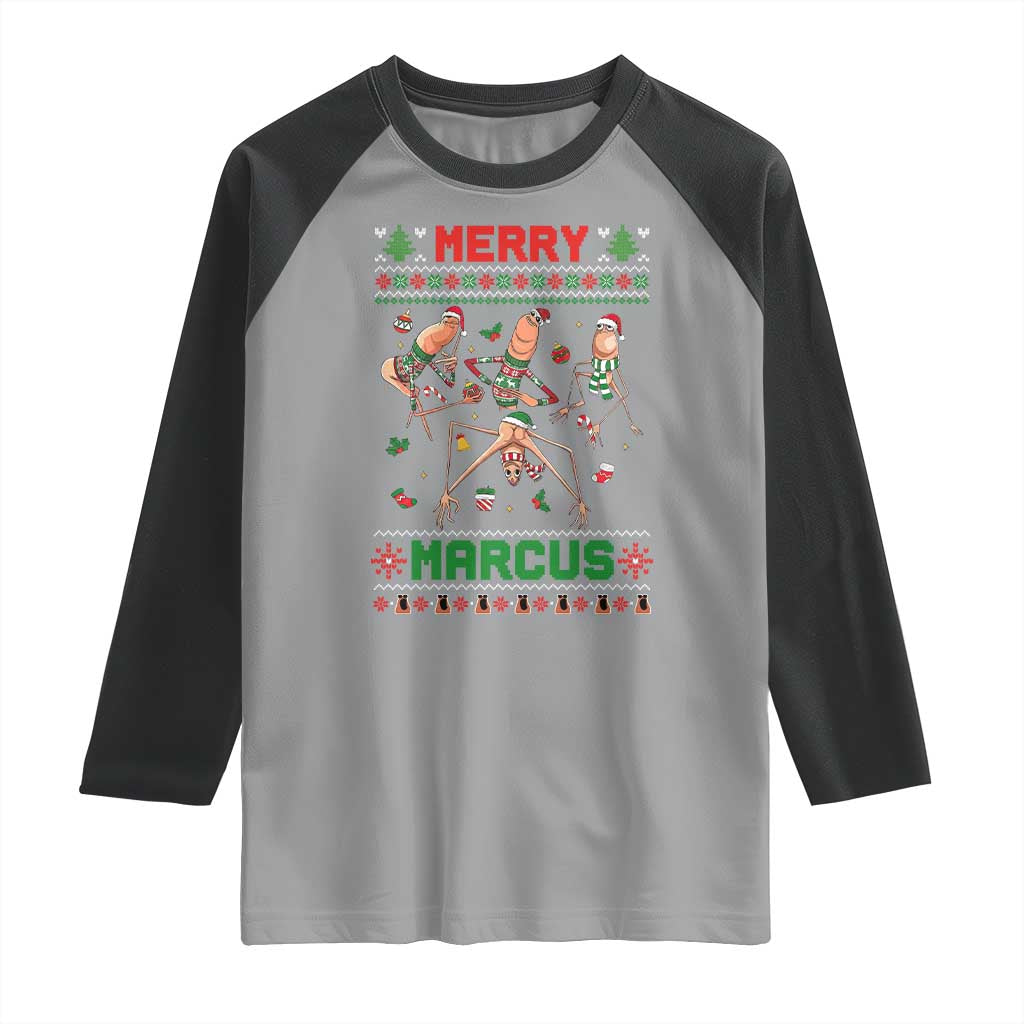 Funny Merry Marcus Raglan Shirt Ugly Christmas Marcus The Worm Meme Gift - Wonder Print Shop