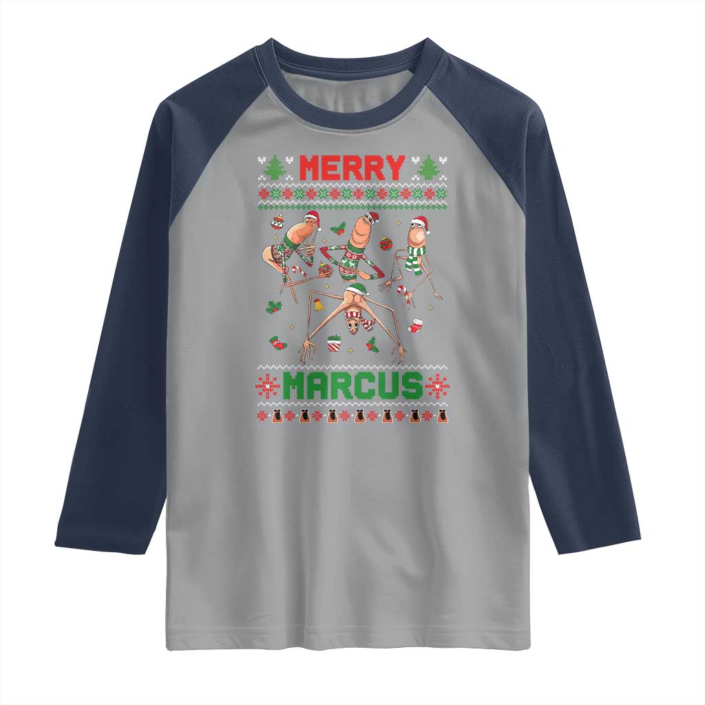 Funny Merry Marcus Raglan Shirt Ugly Christmas Marcus The Worm Meme Gift - Wonder Print Shop