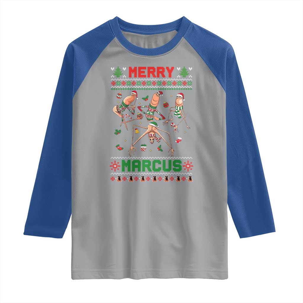 Funny Merry Marcus Raglan Shirt Ugly Christmas Marcus The Worm Meme Gift - Wonder Print Shop