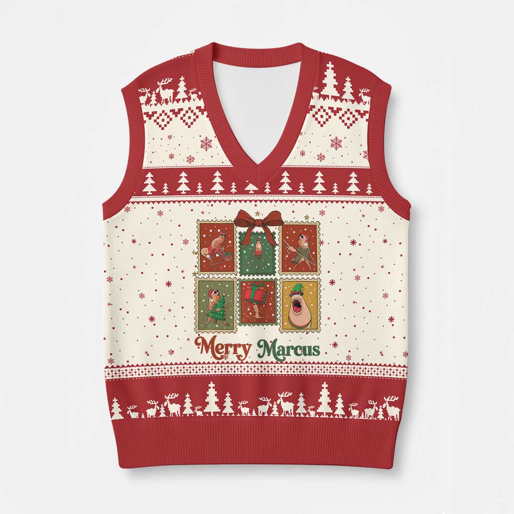 Xmas Marcus The Worm Meme V-Neck Knit Sweater Vest Funny Merry Marcus Gift - Wonder Print Shop
