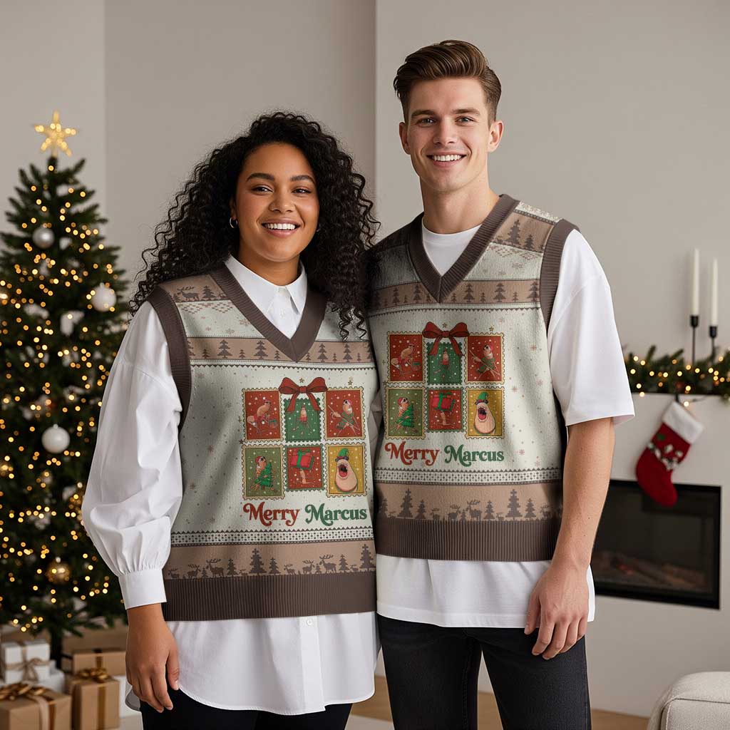 Xmas Marcus The Worm Meme V-Neck Knit Sweater Vest Funny Merry Marcus Gift - Wonder Print Shop