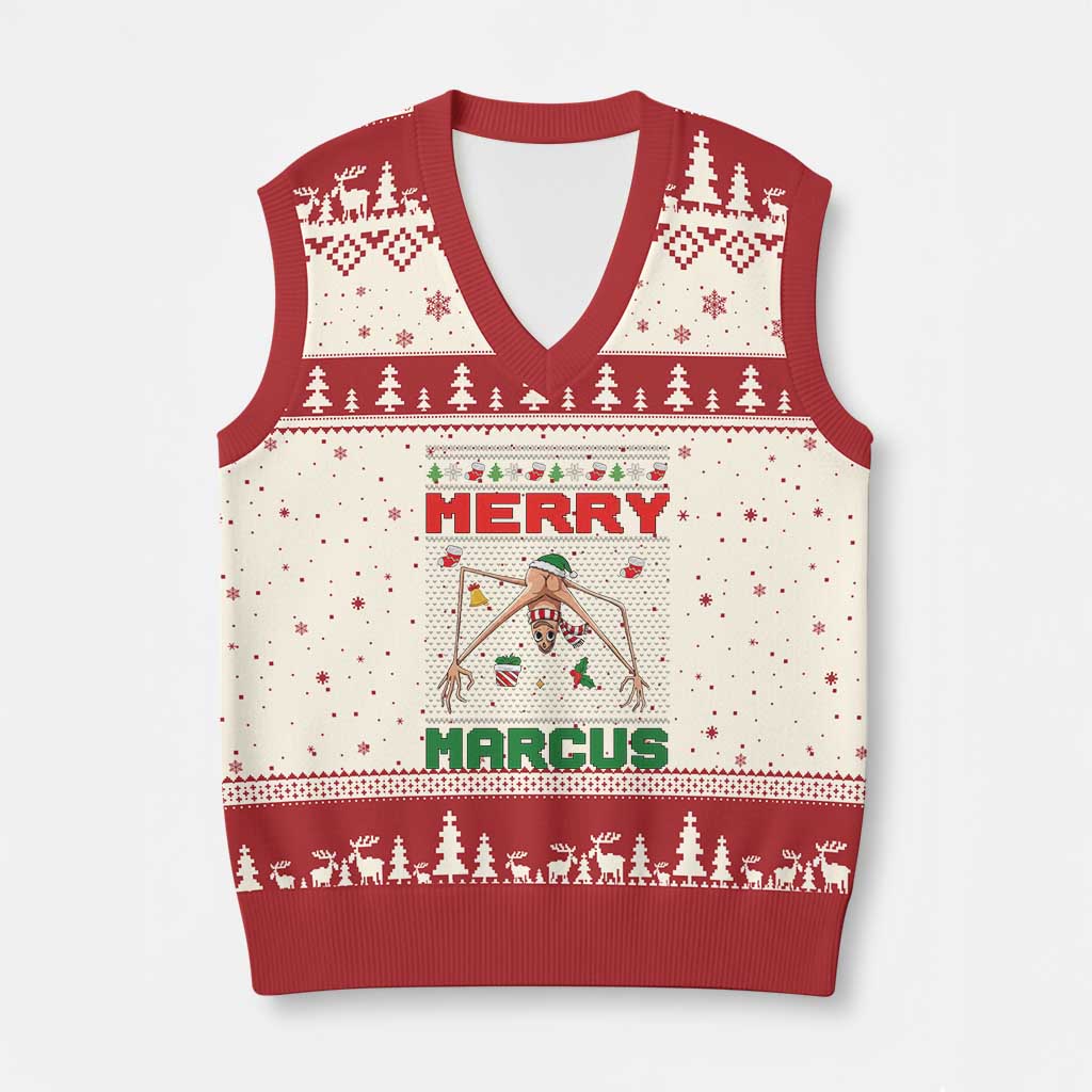 Marcus The Worm Meme Merry Marcus V-Neck Knit Sweater Vest Funny Ugly Xmas Gift - Wonder Print Shop