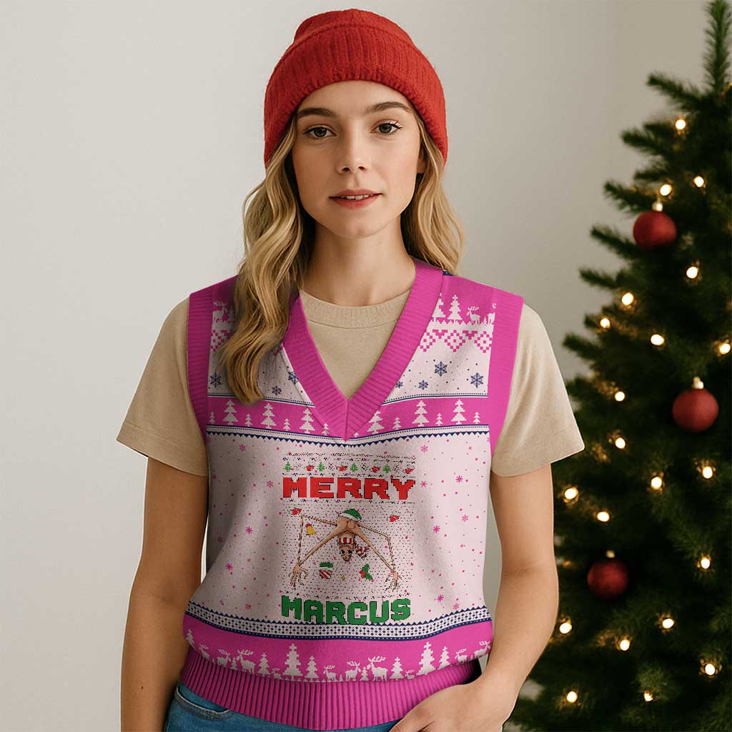Marcus The Worm Meme Merry Marcus V-Neck Knit Sweater Vest Funny Ugly Xmas Gift - Wonder Print Shop