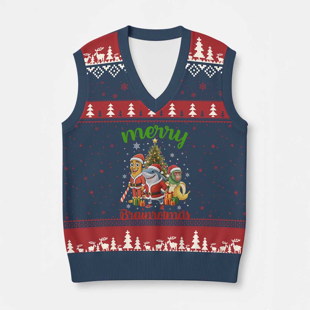 Merry Brainrotmas V-Neck Knit Sweater Vest Funny Italian Brainrot Meme Christmas - Wonder Print Shop