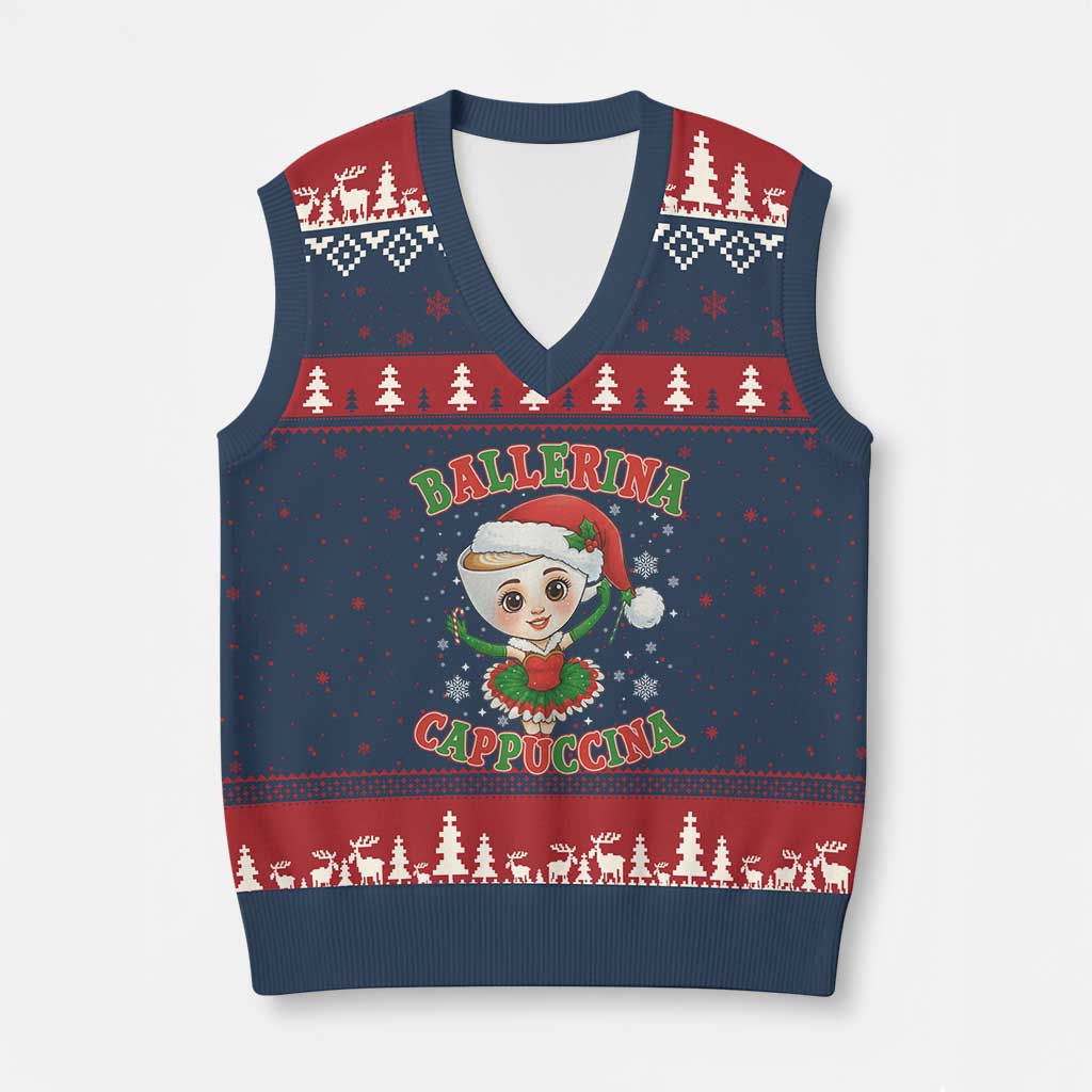 Ballerina Cappuccina V-Neck Knit Sweater Vest Funny Italian Brainrot Meme Xmas Gift - Wonder Print Shop
