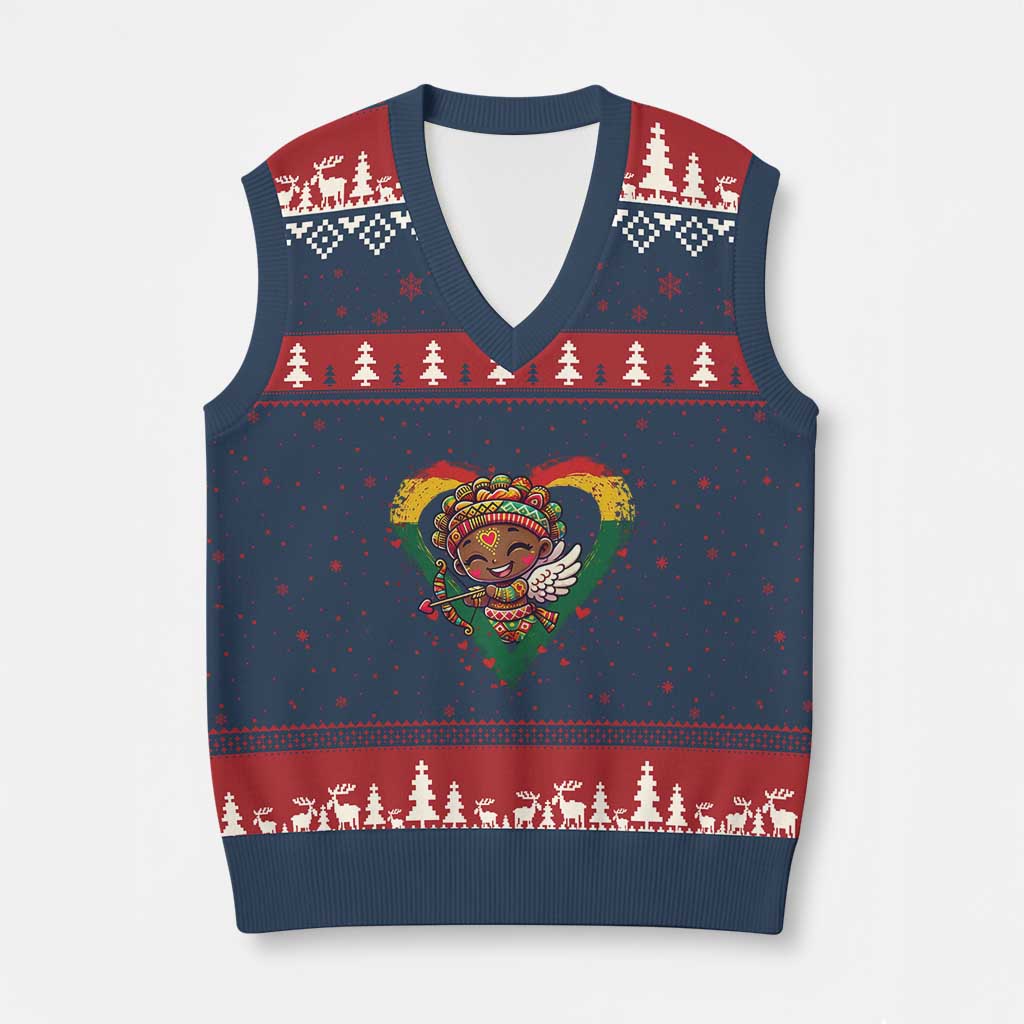 Cute Black Cupid V-Neck Knit Sweater Vest Melanin Pride Valentines Day Gift - Wonder Print Shop