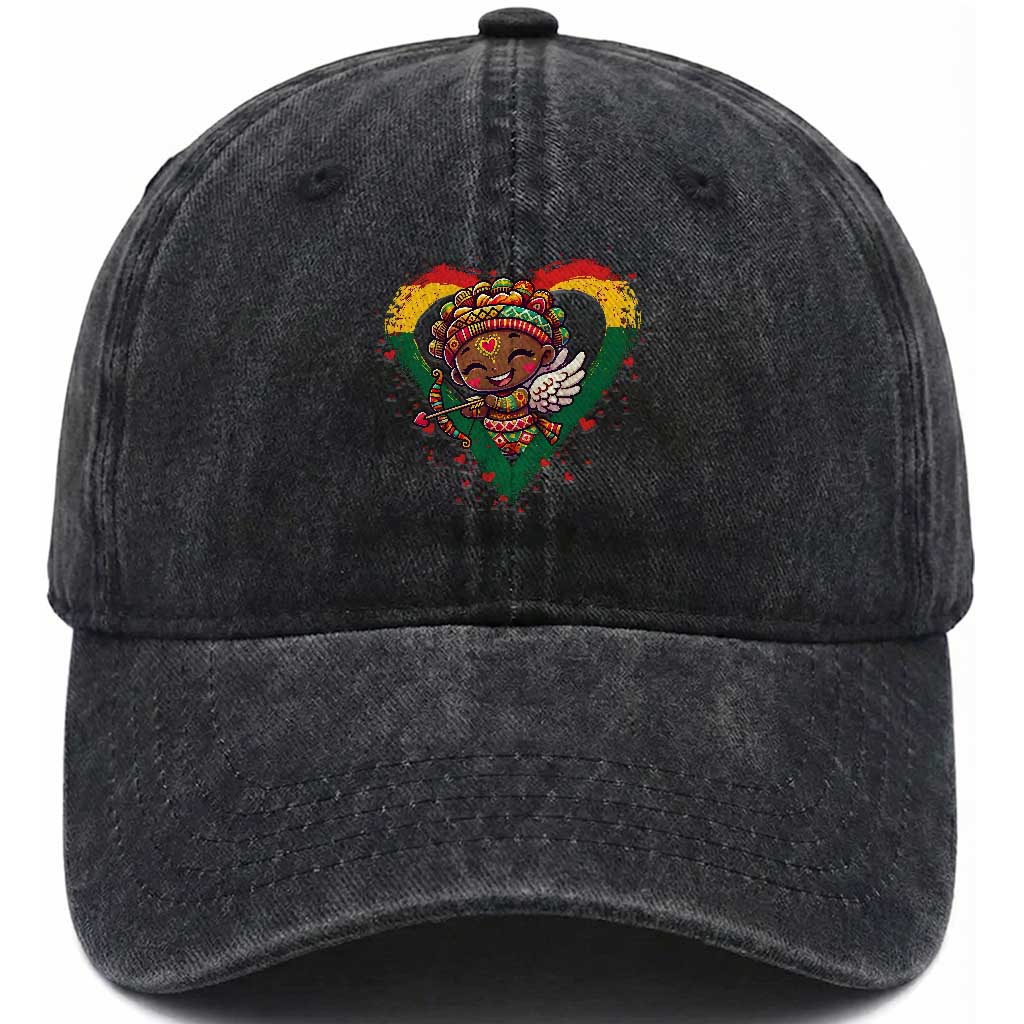 Cute Black Cupid Washed Cotton Baseball Cap Melanin Pride Valentines Day Gift