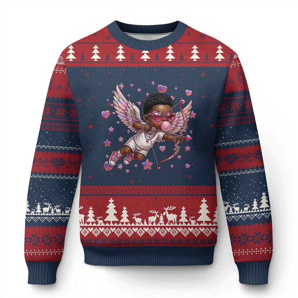 Cute Black Cupid Ugly Christmas Sweater African American Valentines Day Gift - Wonder Print Shop
