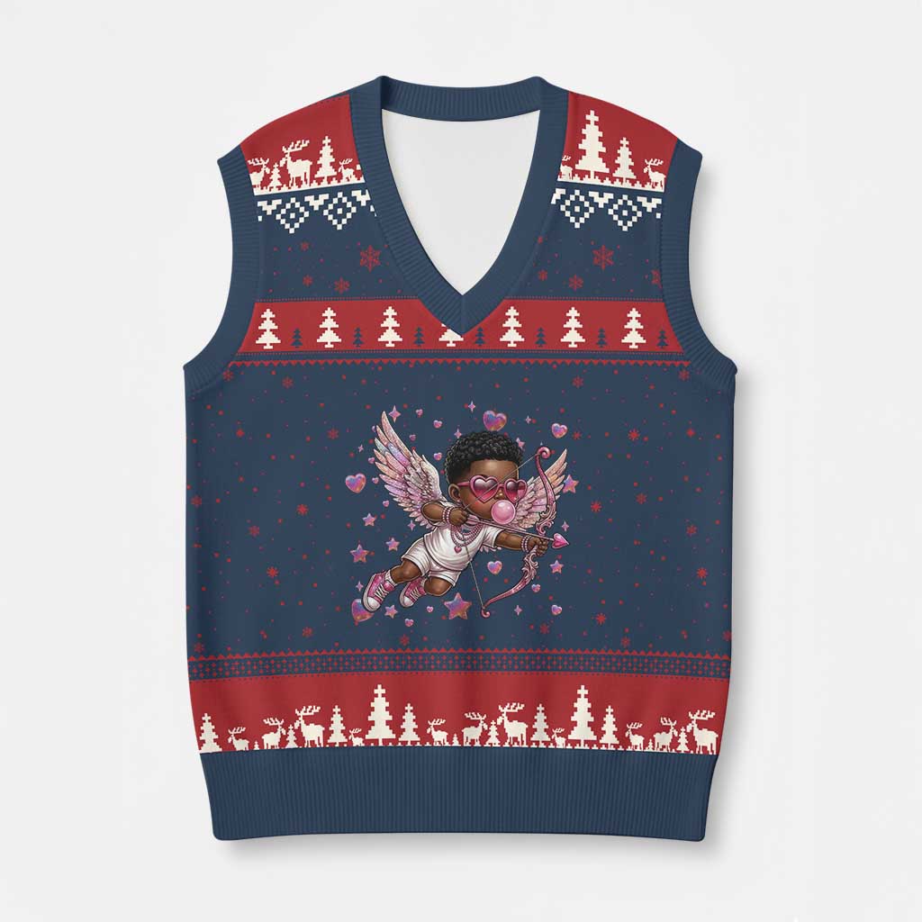 Cute Black Cupid V-Neck Knit Sweater Vest African American Valentines Day Gift - Wonder Print Shop