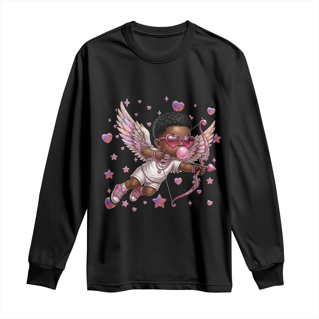 Cute Black Cupid Long Sleeve Shirt African American Valentines Day Gift - Wonder Print Shop