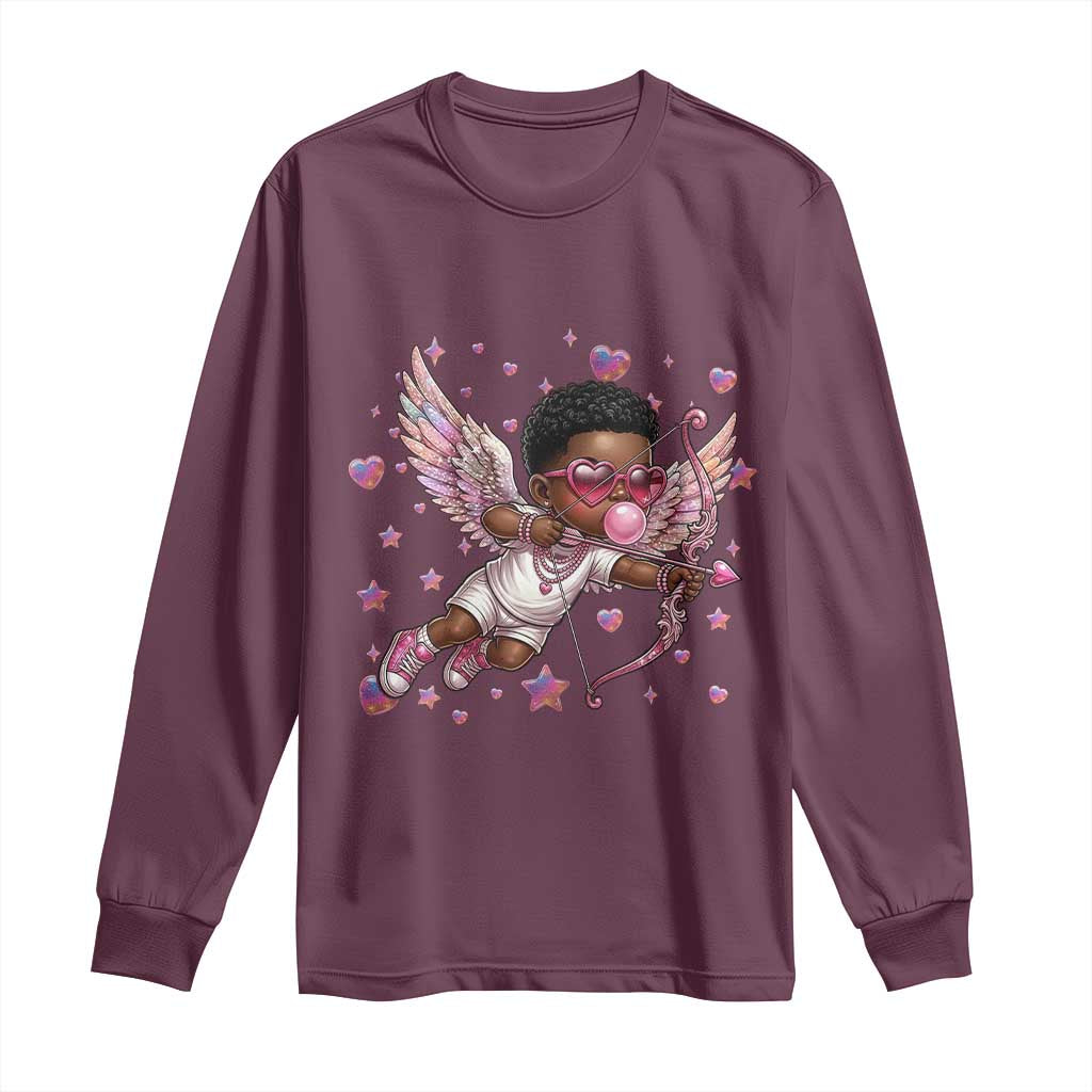 Cute Black Cupid Long Sleeve Shirt African American Valentines Day Gift - Wonder Print Shop