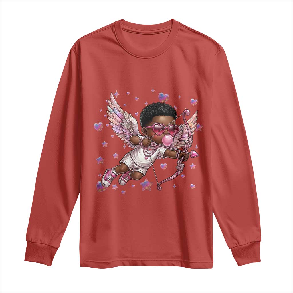 Cute Black Cupid Long Sleeve Shirt African American Valentines Day Gift - Wonder Print Shop