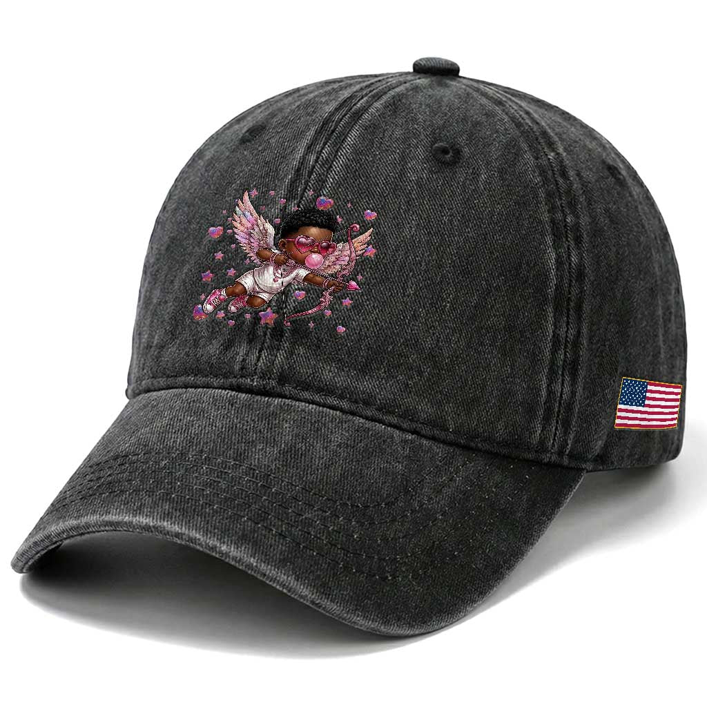 Cute Black Cupid Washed Cotton Baseball Cap African American Valentines Day Gift