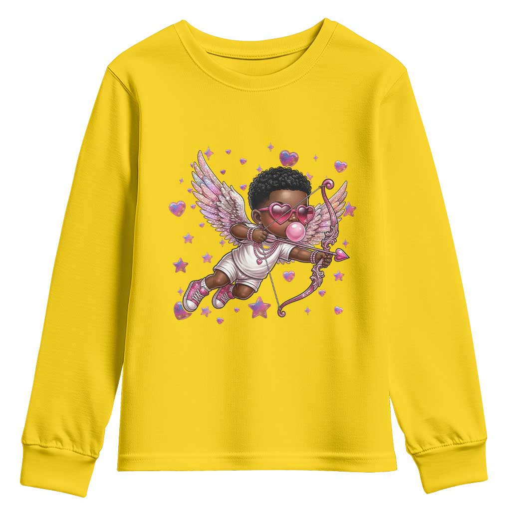 Cute Black Cupid Youth Sweatshirt African American Valentines Day Gift - Wonder Print Shop