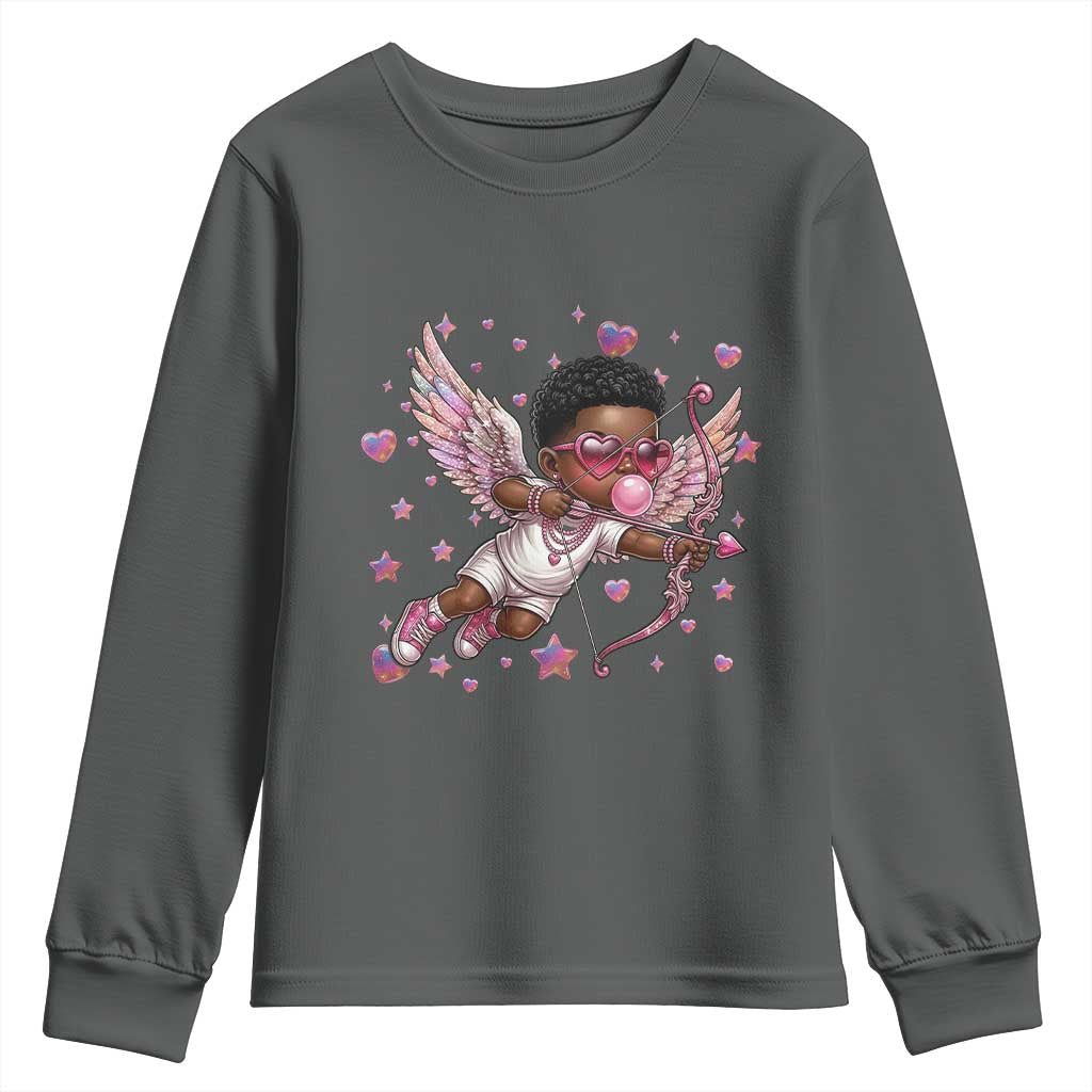 Cute Black Cupid Youth Sweatshirt African American Valentines Day Gift - Wonder Print Shop