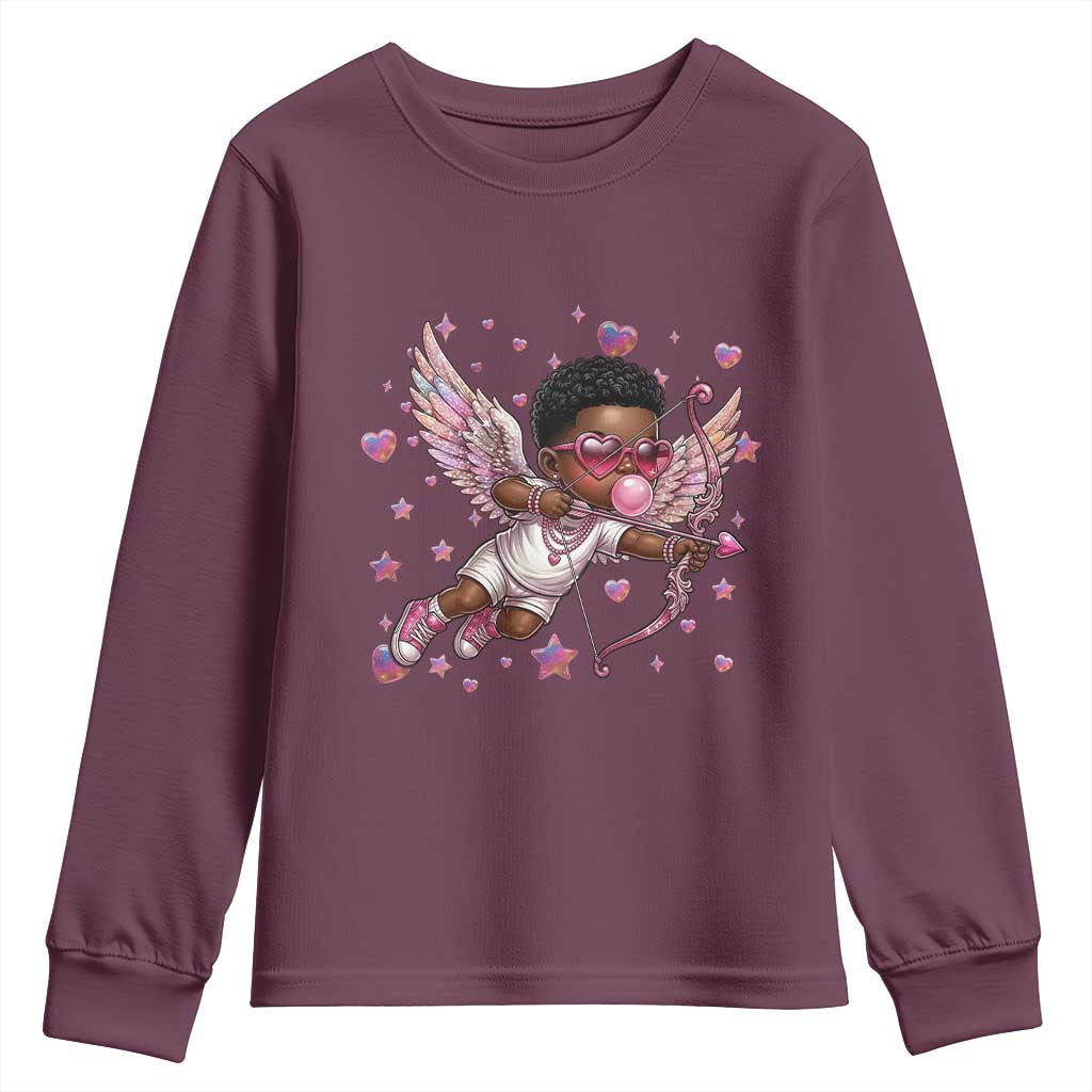 Cute Black Cupid Youth Sweatshirt African American Valentines Day Gift - Wonder Print Shop
