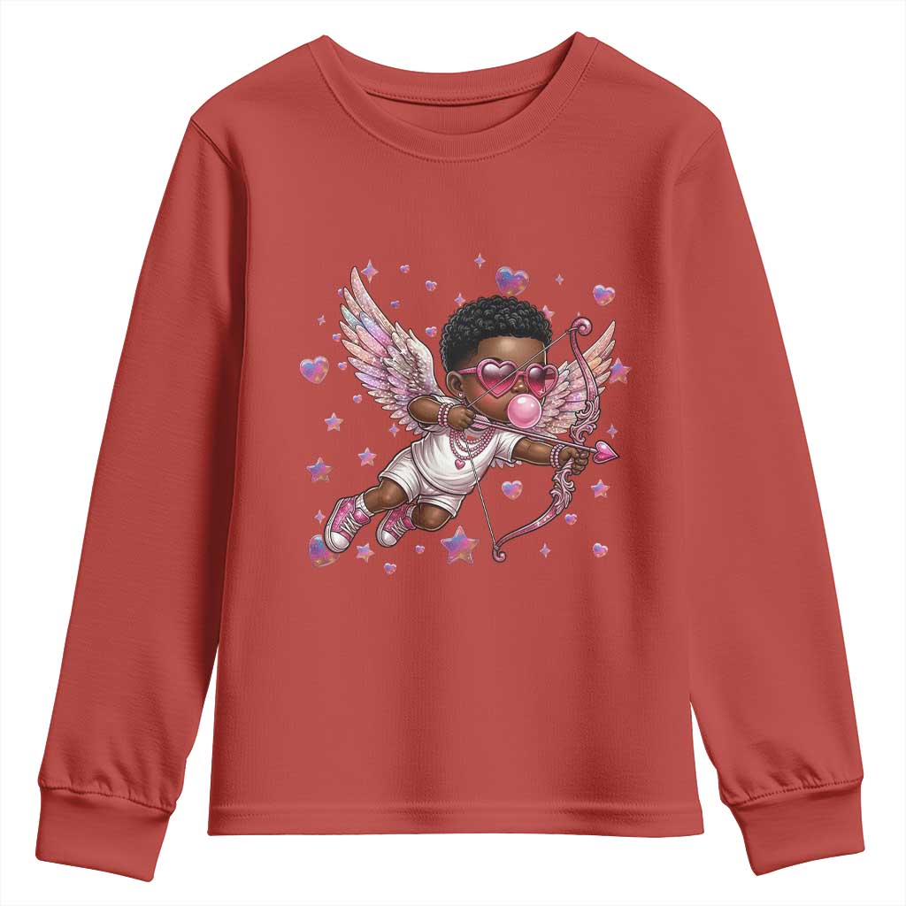 Cute Black Cupid Youth Sweatshirt African American Valentines Day Gift - Wonder Print Shop