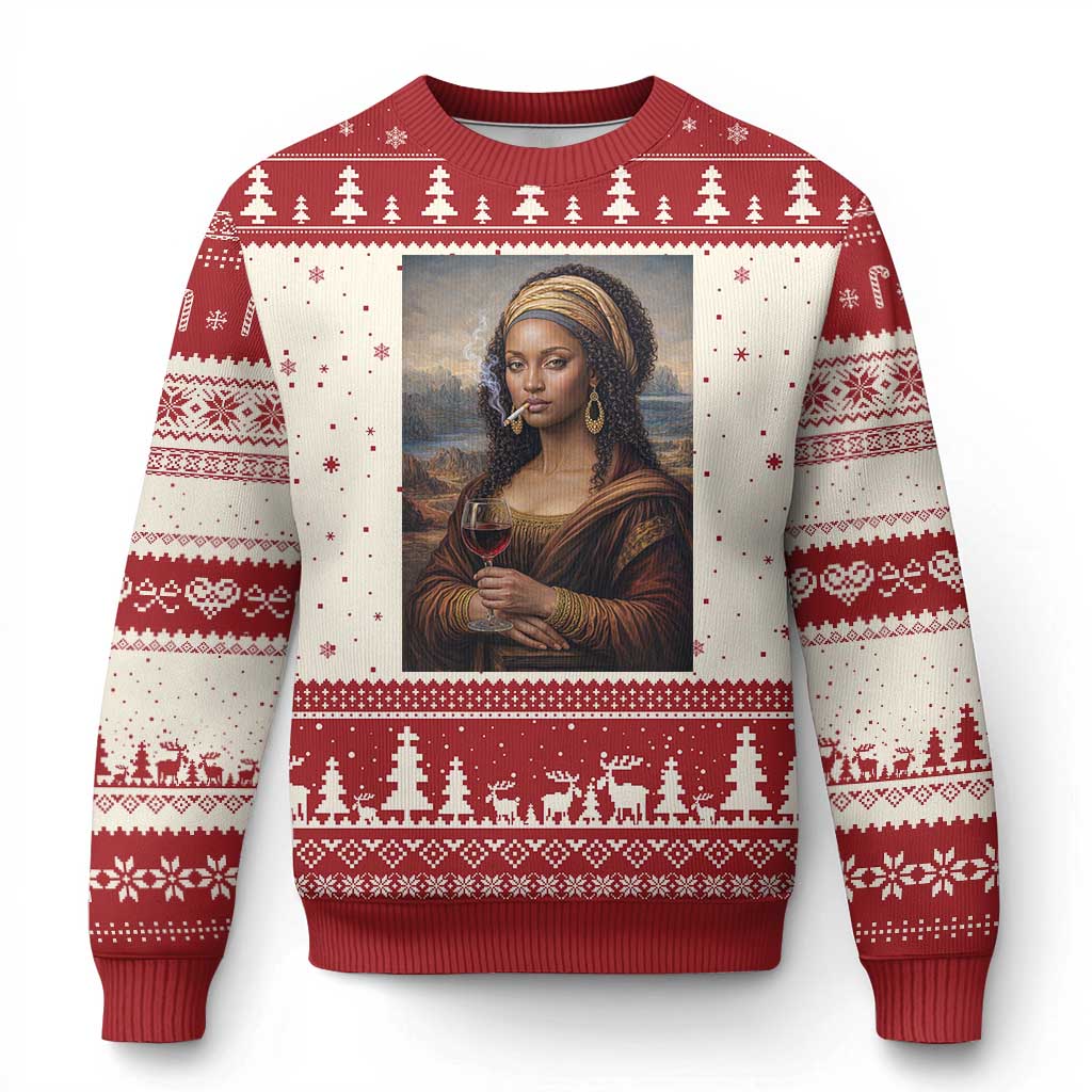 Funny Black Mona Lisa Ugly Christmas Sweater Melanin Queen Black History Month - Wonder Print Shop