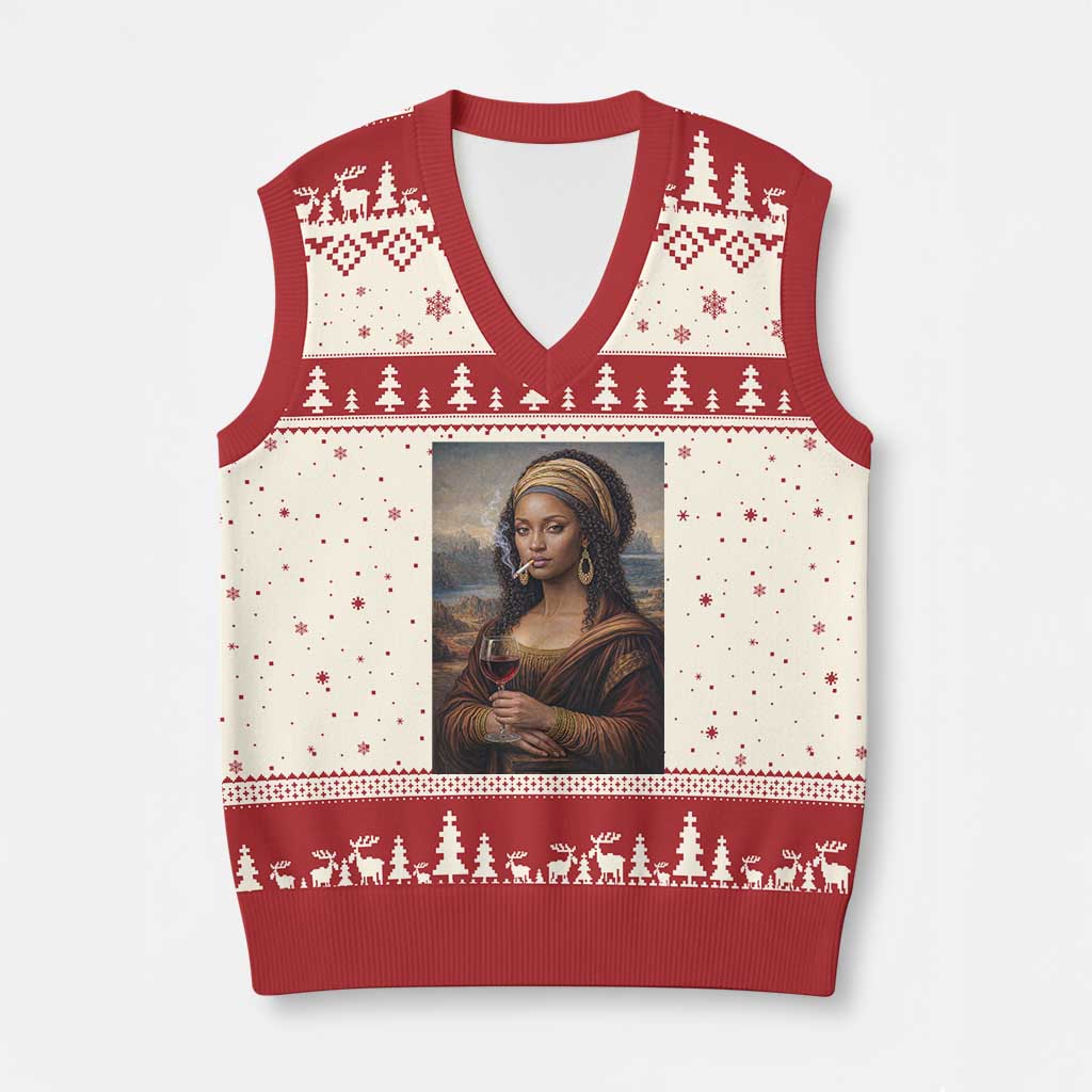 Funny Black Mona Lisa V-Neck Knit Sweater Vest Melanin Queen Black History Month - Wonder Print Shop