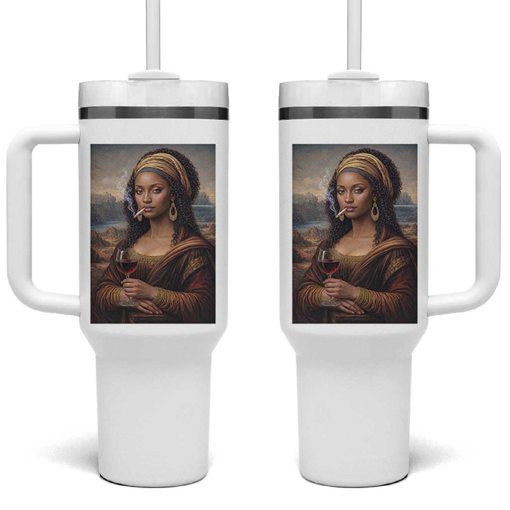 Funny Black Mona Lisa Tumbler With Handle Melanin Queen Black History Month - Wonder Print Shop