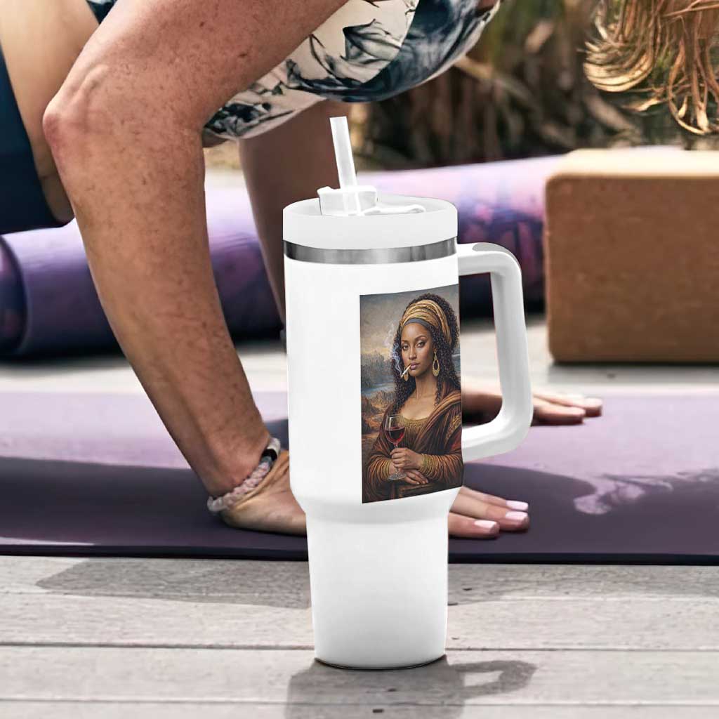 Funny Black Mona Lisa Tumbler With Handle Melanin Queen Black History Month - Wonder Print Shop