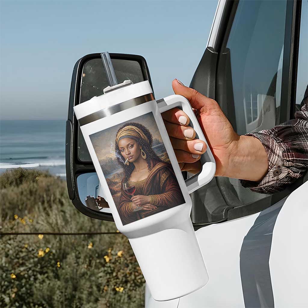 Funny Black Mona Lisa Tumbler With Handle Melanin Queen Black History Month - Wonder Print Shop