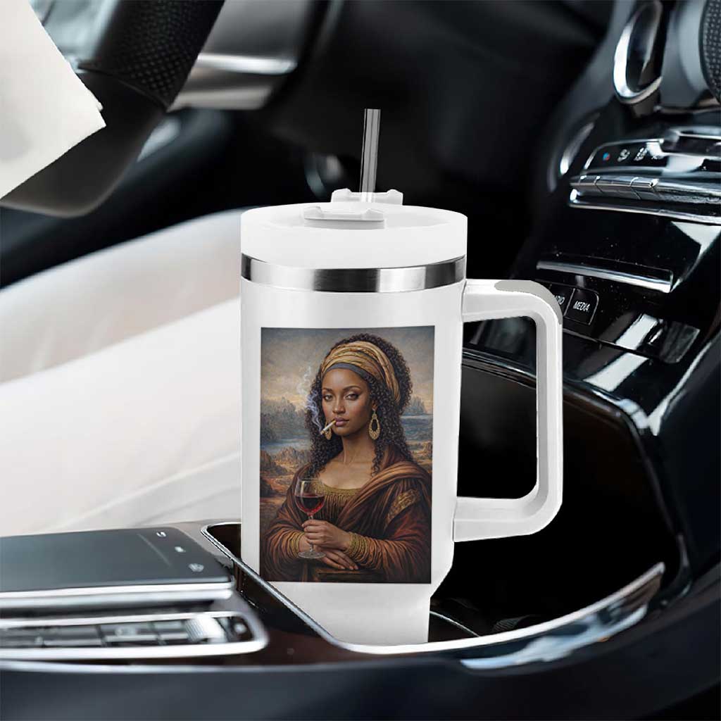 Funny Black Mona Lisa Tumbler With Handle Melanin Queen Black History Month - Wonder Print Shop
