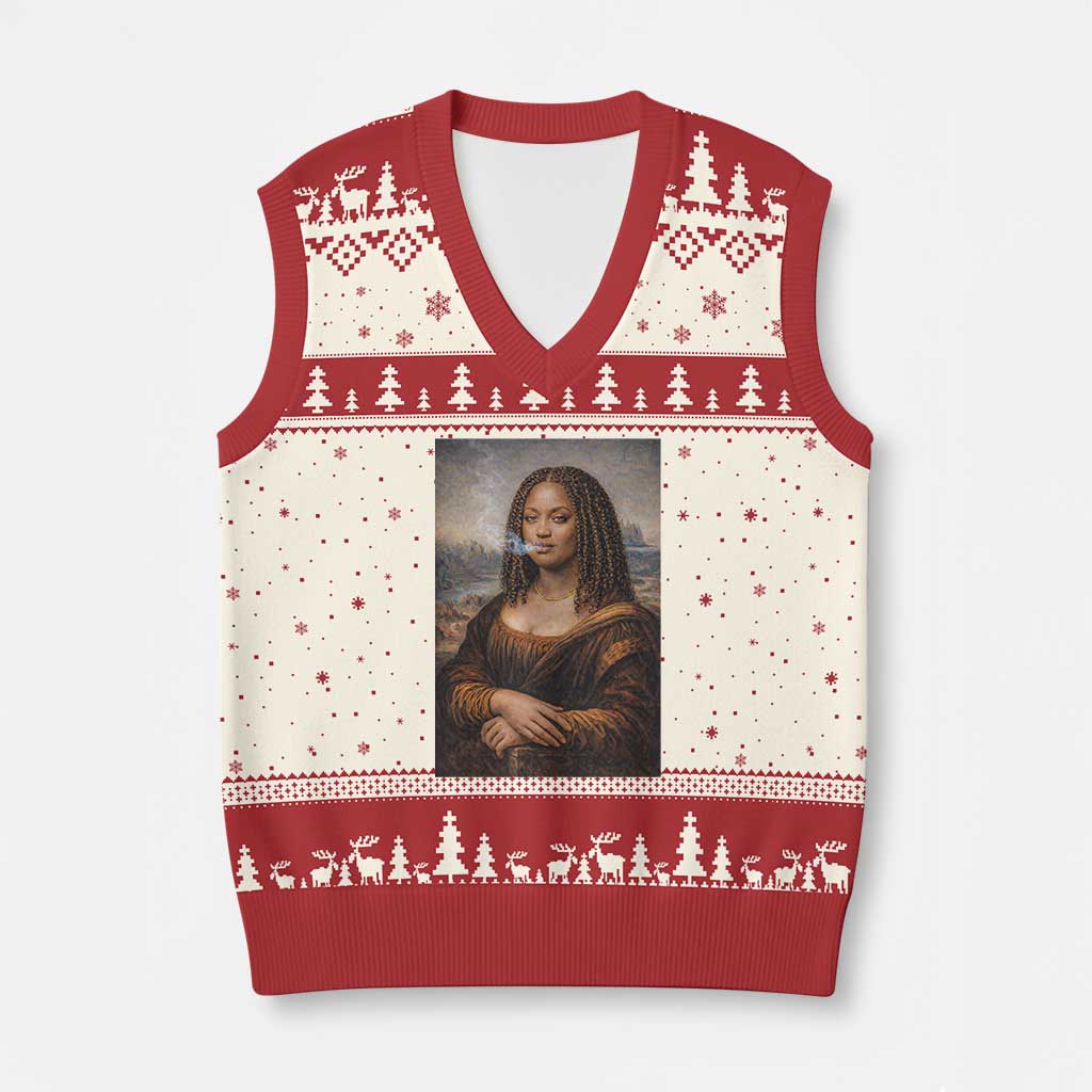 Funny Black Mona Lisa V-Neck Knit Sweater Vest African American Pride - Wonder Print Shop