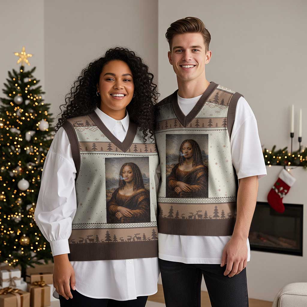 Funny Black Mona Lisa V-Neck Knit Sweater Vest African American Pride - Wonder Print Shop