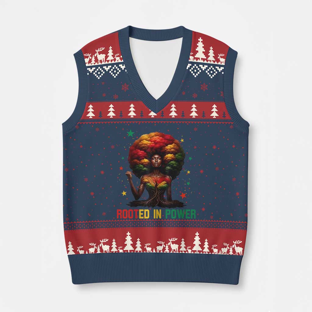 Melanin Queen Rooted In Power V-Neck Knit Sweater Vest African American Afro Tree Of Life - Wonder Print Shop