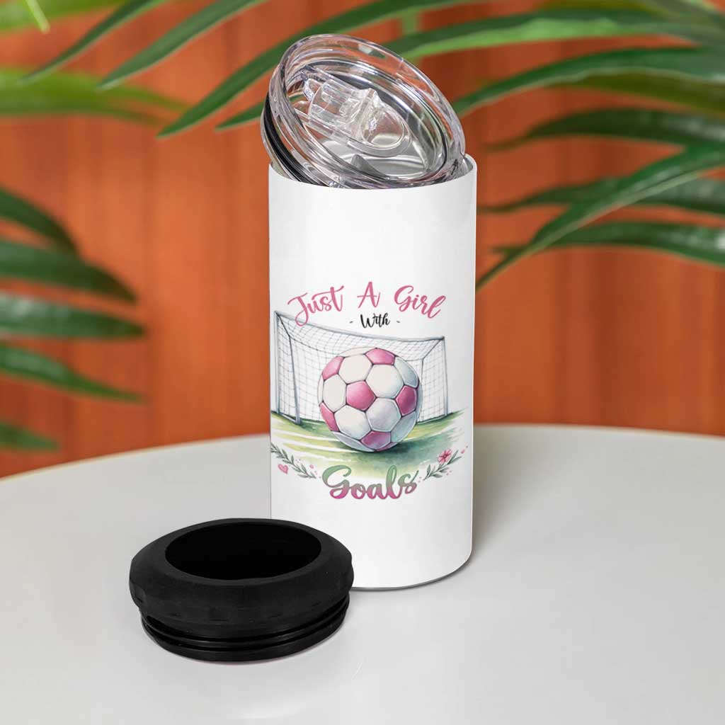 Just A Girl With Goals 4 in 1 Can Cooler Tumbler Soccer Gift For Her