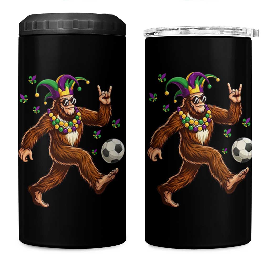 Funny Mardi Gras Bigfoot Playing Soccer 4 in 1 Can Cooler Tumbler Football Fan Gift