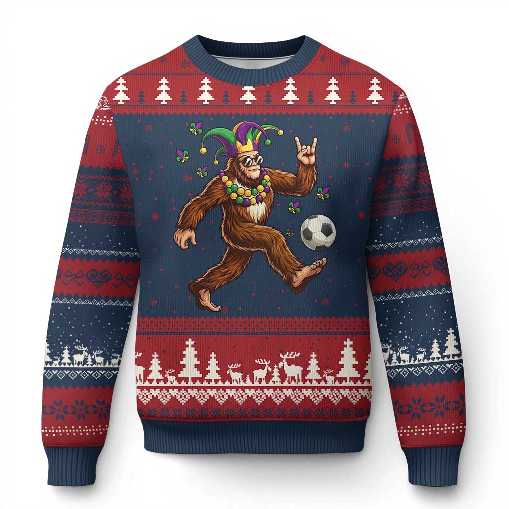 Funny Mardi Gras Bigfoot Playing Soccer Ugly Christmas Sweater Football Fan Gift