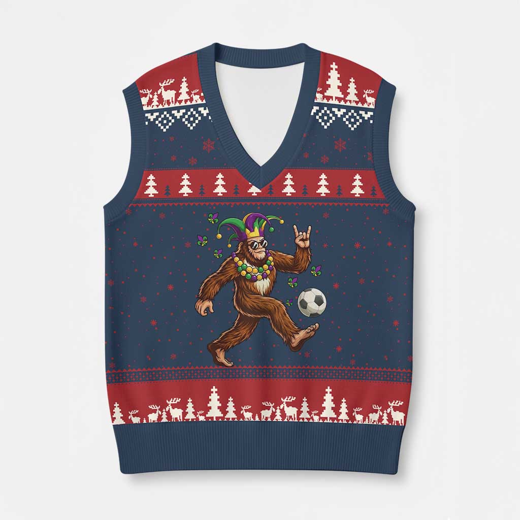 Funny Mardi Gras Bigfoot Playing Soccer V-Neck Knit Sweater Vest Football Fan Gift
