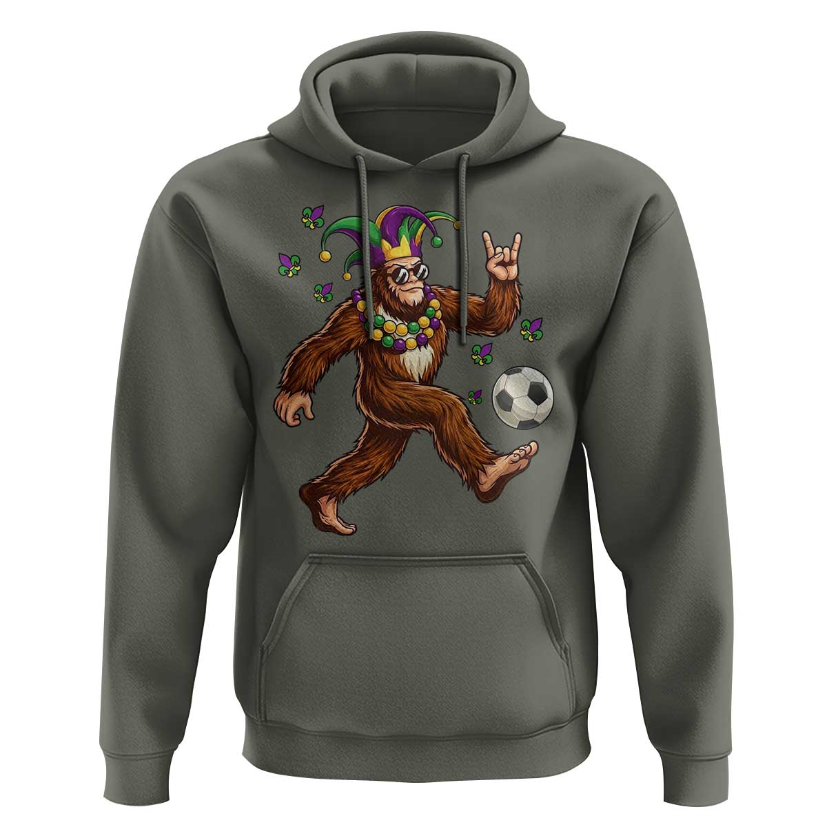 Funny Mardi Gras Bigfoot Playing Soccer Hoodie Football Fan Gift