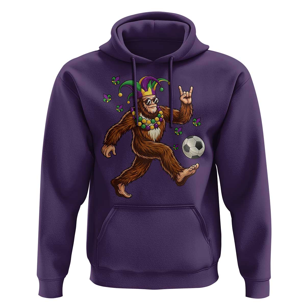 Funny Mardi Gras Bigfoot Playing Soccer Hoodie Football Fan Gift