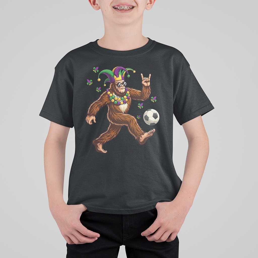 Funny Mardi Gras Bigfoot Playing Soccer T Shirt For Kid Football Fan Gift