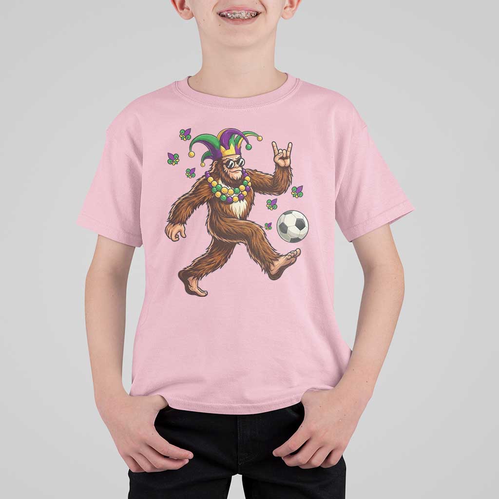 Funny Mardi Gras Bigfoot Playing Soccer T Shirt For Kid Football Fan Gift