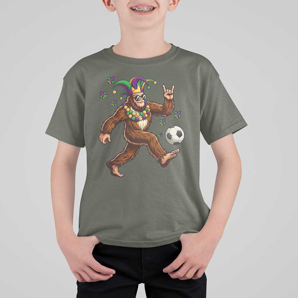 Funny Mardi Gras Bigfoot Playing Soccer T Shirt For Kid Football Fan Gift