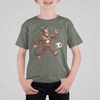Funny Mardi Gras Bigfoot Playing Soccer T Shirt For Kid Football Fan Gift