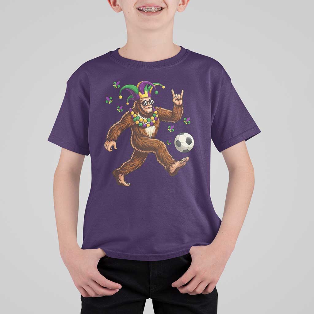 Funny Mardi Gras Bigfoot Playing Soccer T Shirt For Kid Football Fan Gift