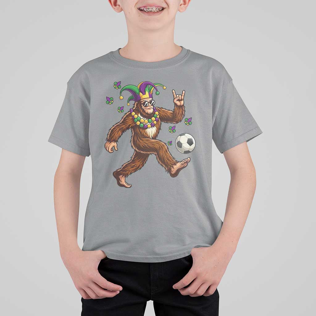 Funny Mardi Gras Bigfoot Playing Soccer T Shirt For Kid Football Fan Gift
