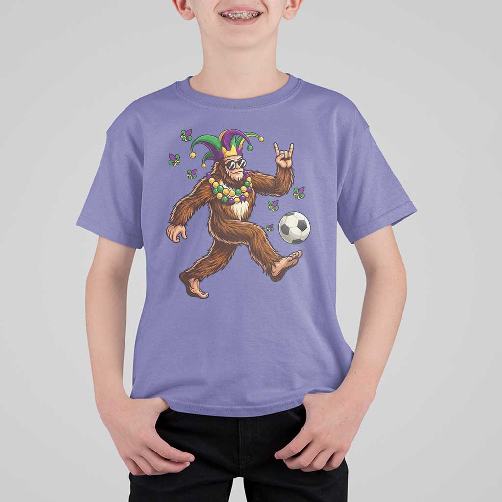 Funny Mardi Gras Bigfoot Playing Soccer T Shirt For Kid Football Fan Gift