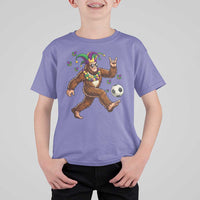 Funny Mardi Gras Bigfoot Playing Soccer T Shirt For Kid Football Fan Gift