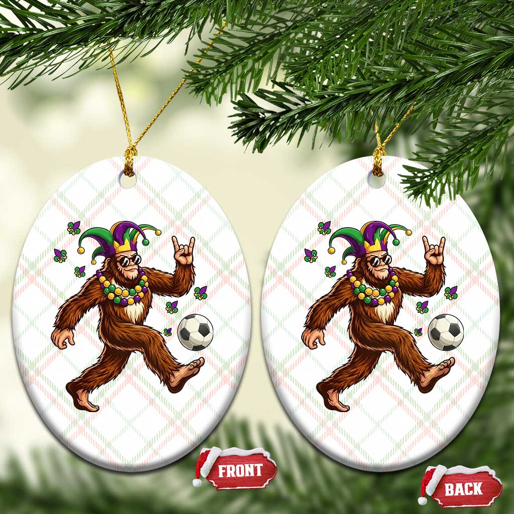 Funny Mardi Gras Bigfoot Playing Soccer Ceramic Ornament Football Fan Gift