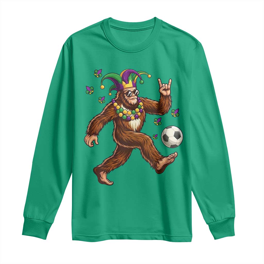 Funny Mardi Gras Bigfoot Playing Soccer Long Sleeve Shirt Football Fan Gift