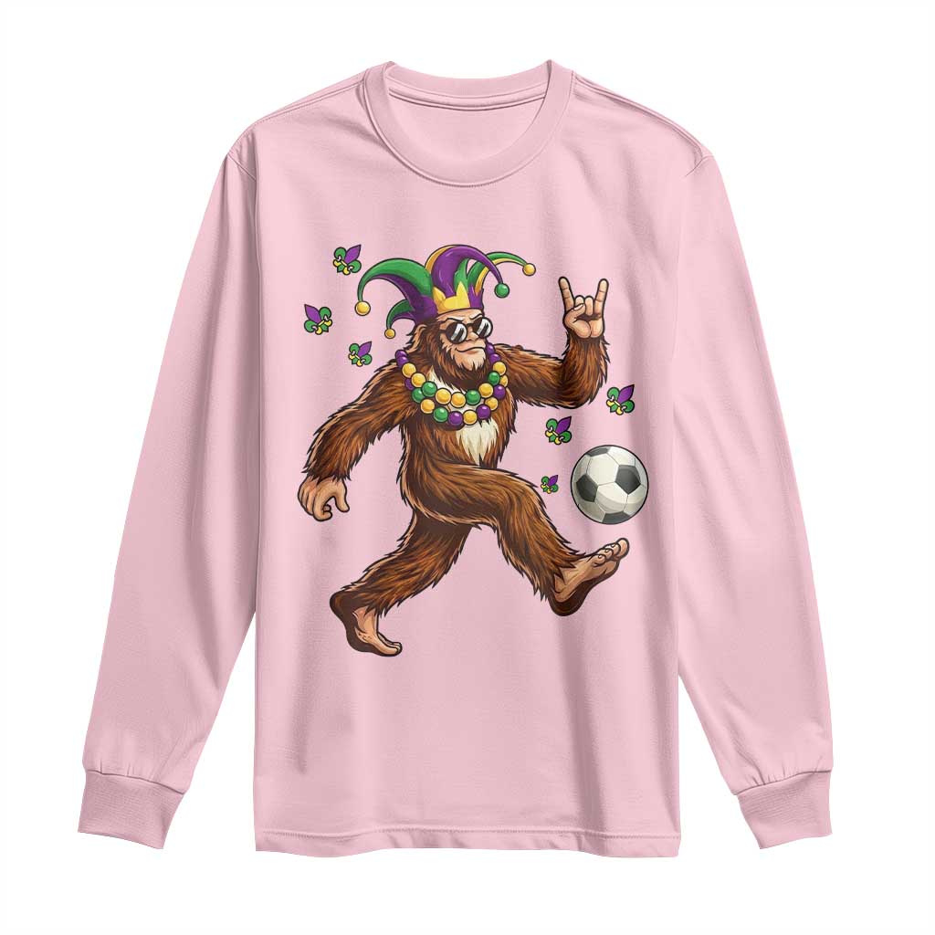 Funny Mardi Gras Bigfoot Playing Soccer Long Sleeve Shirt Football Fan Gift